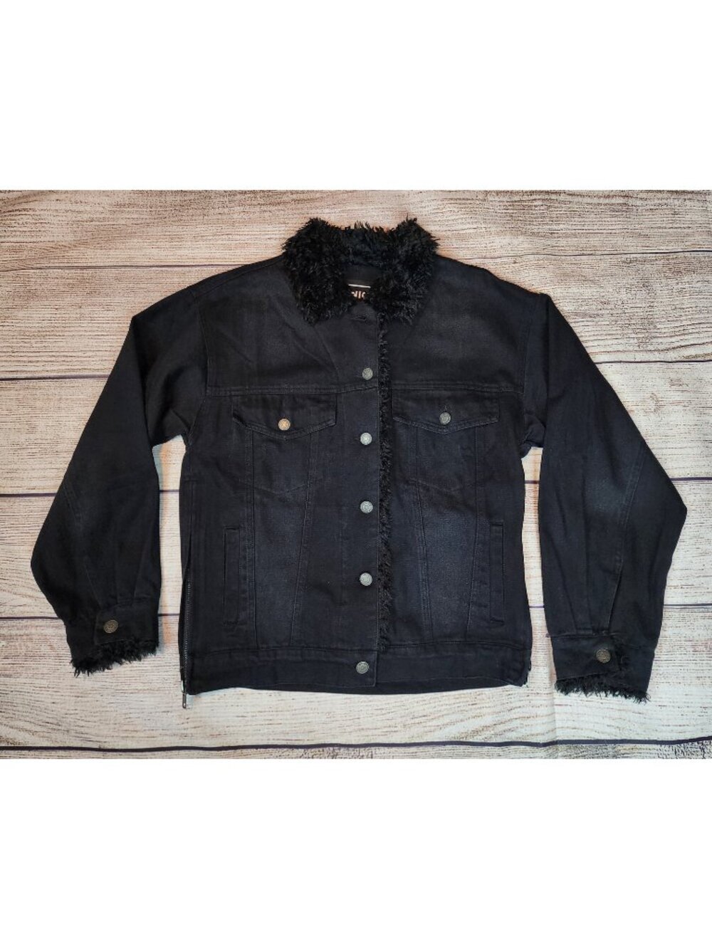 Uniq Always on Time Black Faux Fur Trim Jacket Men's Small Button Front Side Zip